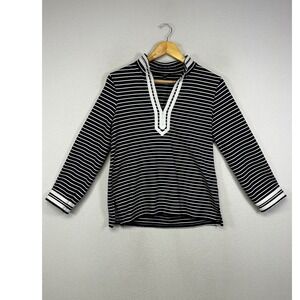 Nautical Preppy Talbots Women SP Navy White Striped Split Neck Knit Top Long Slv